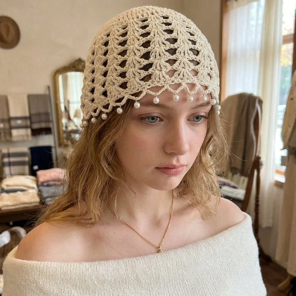 Cute Sweet Crochet Hollow Knitted Hat Bohemian Style Hollow Out Ethnic Style Hat Korean Beads Tassels Weave Cap Outdoor