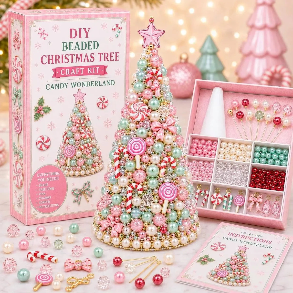 DIY Beaded Christmas Tree Craft Kit Crystal Bead Mini Tree with Angel Topper, Handmade Holiday Tabletop Decor for Home Christma