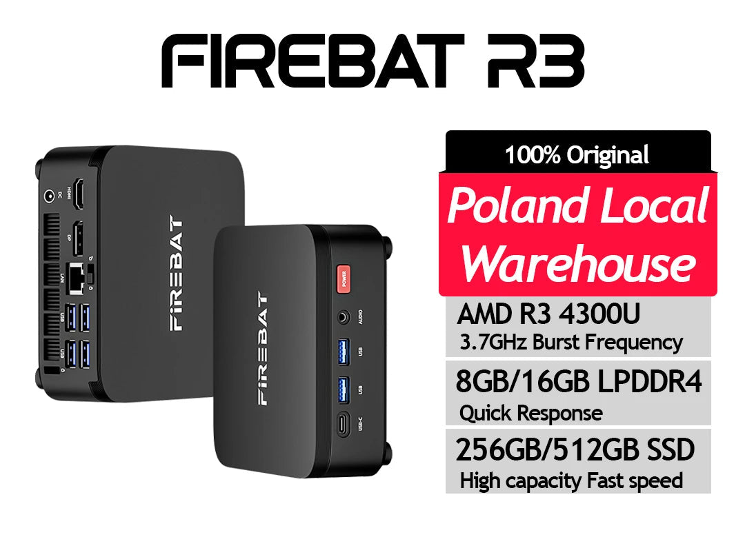 FIREBAT Mini PC R3 AMD Ryzen 3 4300U LPDDR4 8GB 16GB RAM 256GB 512GB SSD Windows11 Pro Wifi6 BT5.2 Support 4K 60Hz Desktop Computer