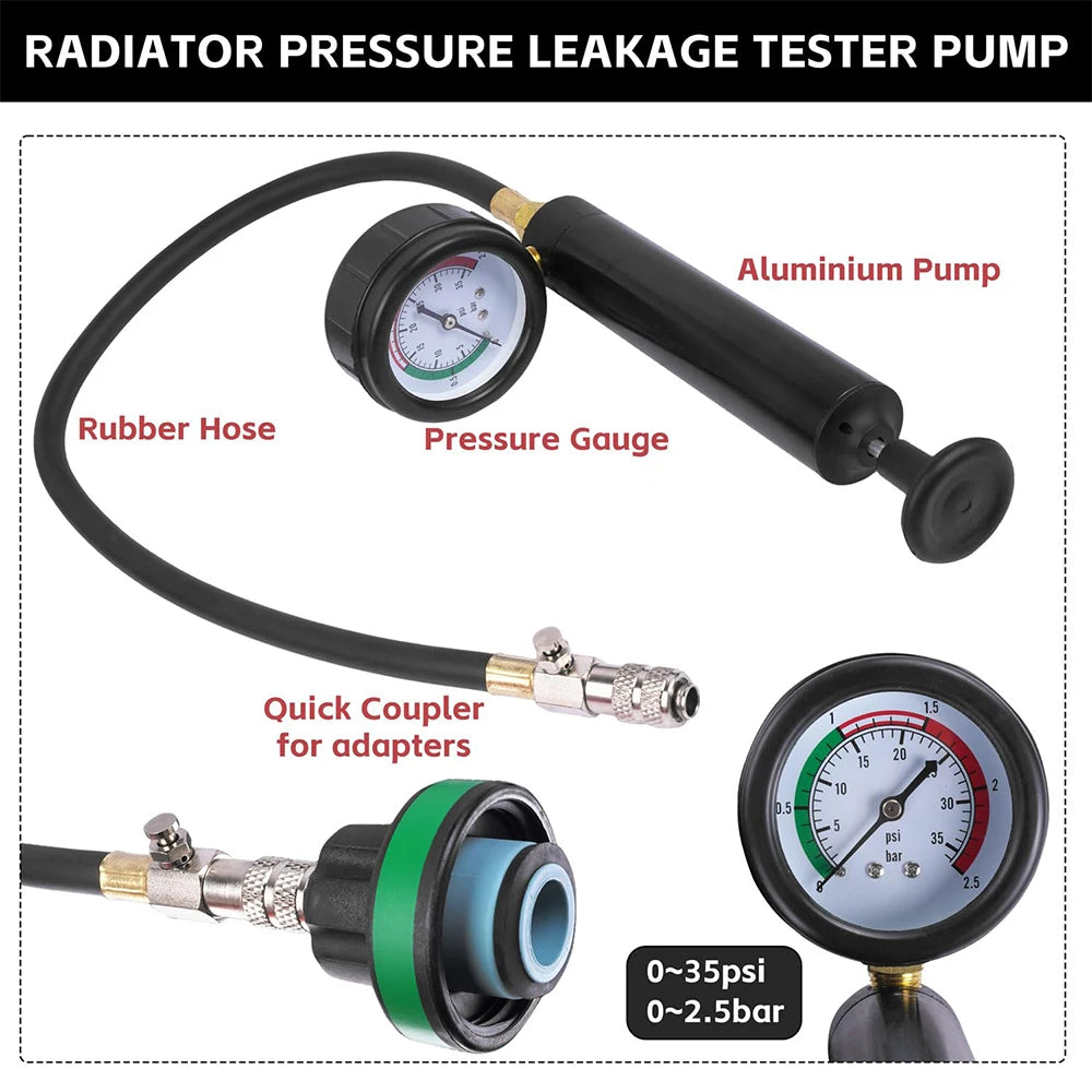 13Pcs Universal Radiator Pressure Tester and Pieces Radiator Pressure Tester With Coolant Replacement System Water Tank Detection Tool For Test The Leakage In The Radiator System, Replace The Coolant And Remove Air Bub