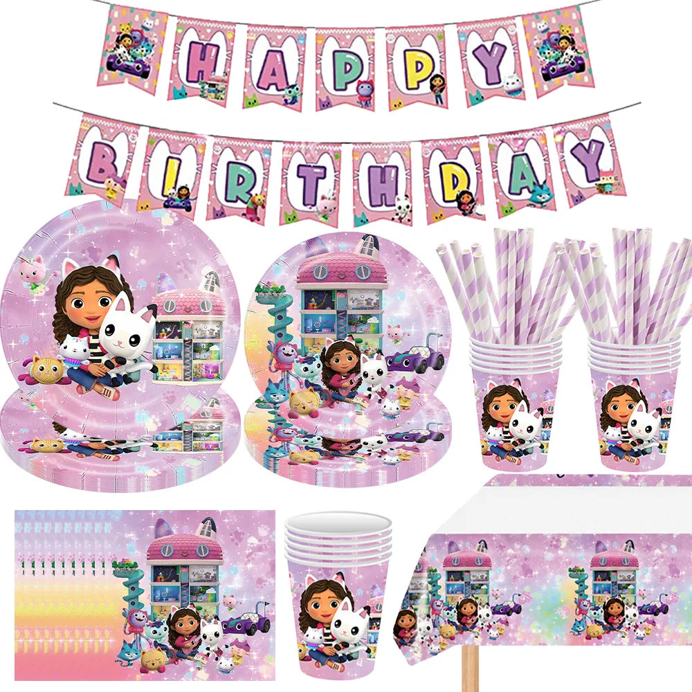 Pink Gabby Dollhouse Birthday Tableware Cat Girls Disposable Plates Cups Napkins Kids Girls Birthday Party Baby Shower Decor