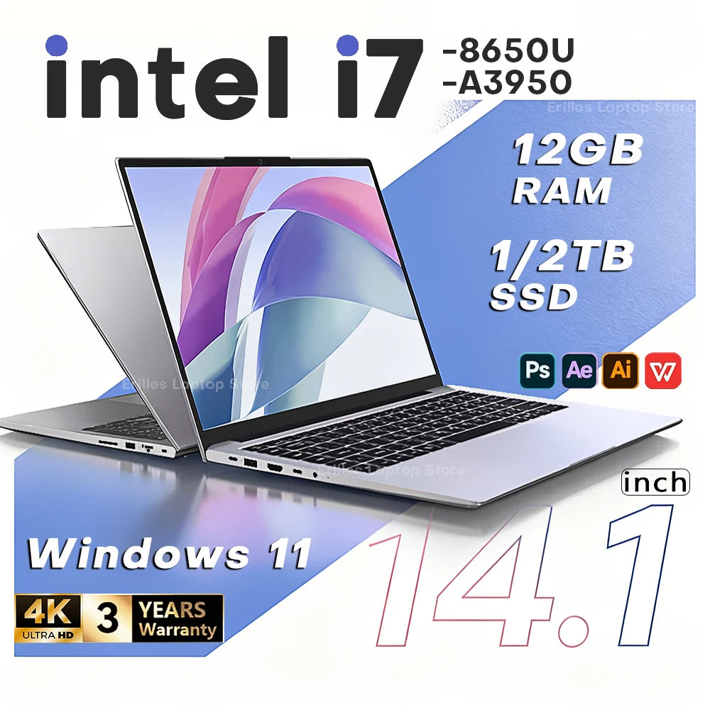 14.1" Laptop Computer PC Intel Core i7 8650U Atom 3950 Ultra Slim Notebook 12GB RAM 1TB 2TB SSD Office Study Windows 11 1920*1080