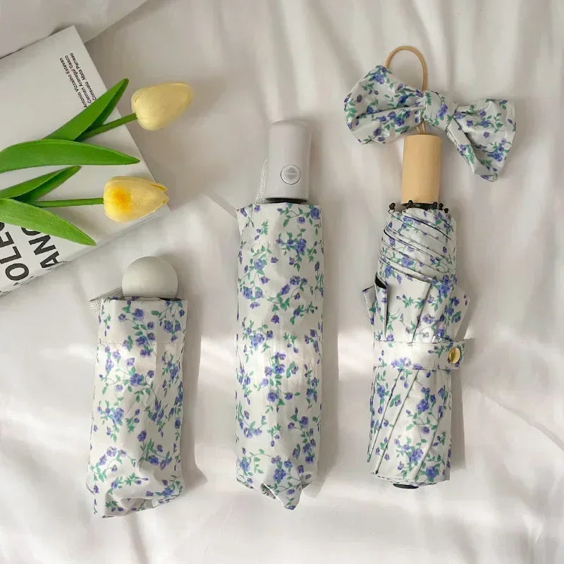 New 1 Piece of Small Blue Floral Umbrella, Gentle Style, Sun Protection, Three - Fold Automatic Umbrella for All Weather