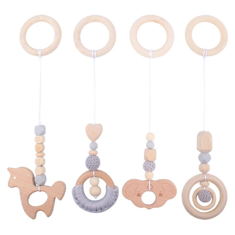 4 Pcs Beech Wood Baby Play Gym Frame Newborn Activity Fitness Rack Hanging Pendants Toys Crochet Rattle Teether Kids Room Decor