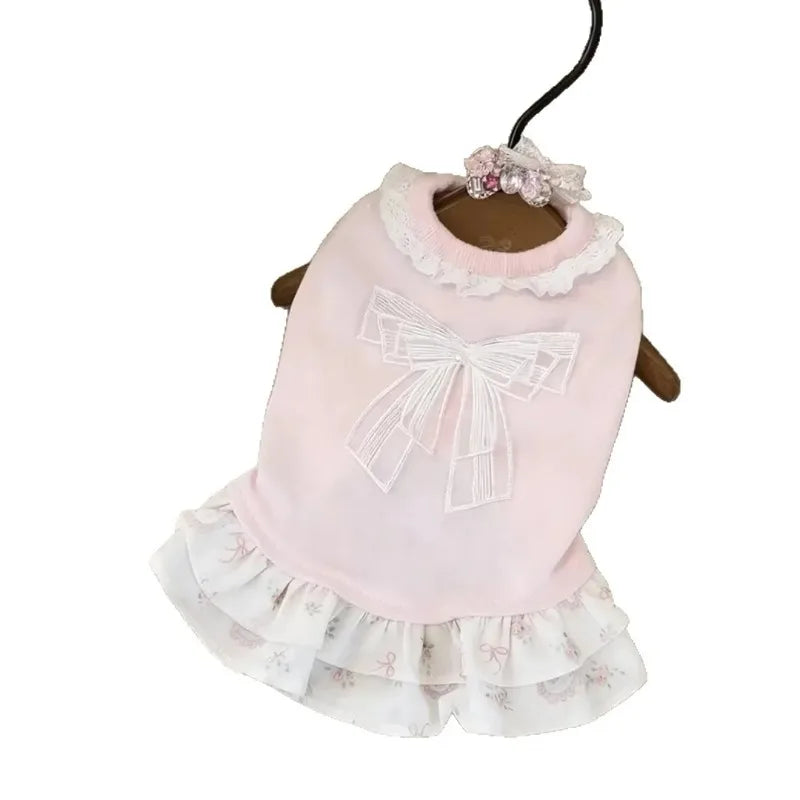 Pet Spring Summer Dress Thin Pink Bow Cute Skirt Breathable Clothes for Small Dog Cat Bichon Schnauzer Daily Apparel