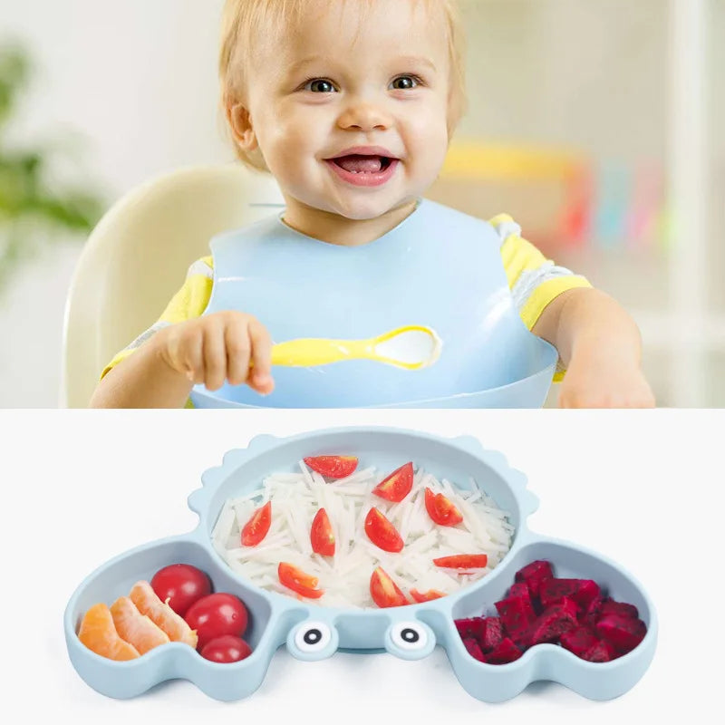 9Pcs Baby Silicone Non-Slip Suction Bowl Plate Spoon Waterproof Bib Cup Set, Baby Crab Dishes, Food Feeding Bowl for Kids, BPA Free