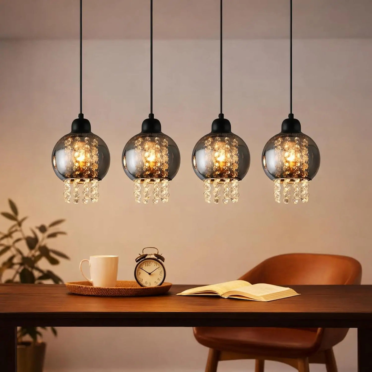 Pendant lamp dining table hanging lamp E27 hanging lamp 4 Flame glass dining room lamp Vintage dining table lamp Smoke gray dining room pendant lamp for living room bedroom kitchen (without illuminant