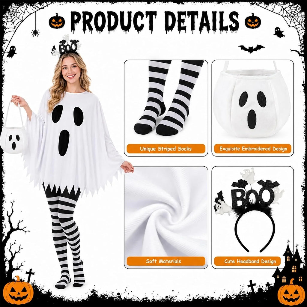 Halloween Ghost Costumes for Women Adult Ghost Poncho/Headband/Stripe Tights/Bag,Easy Halloween Costumes for Cosplay Party