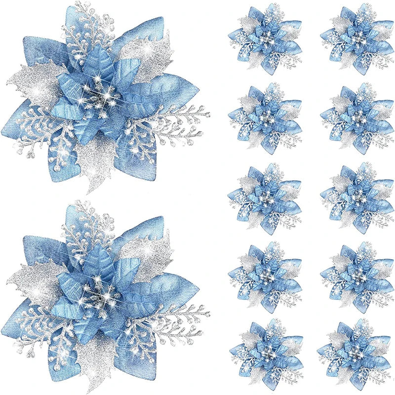 Glitter Pink Christmas Flowers Xmas Tree 14cm Artifical Flower Ornaments  Merry Christmas Decoration For Home New Year