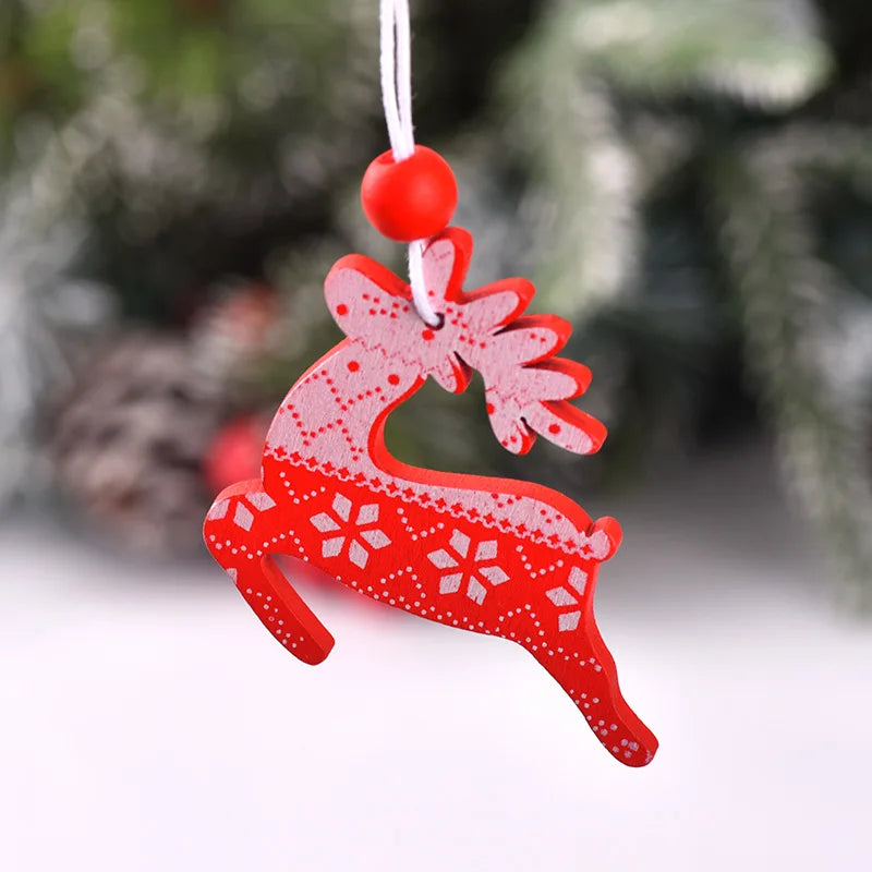 12Pcs/lot Merry Christmas Tree Decoration Wooden Hanging Pendant elk bells snowflake Xmas Ornaments New Year Home Decor Gifts