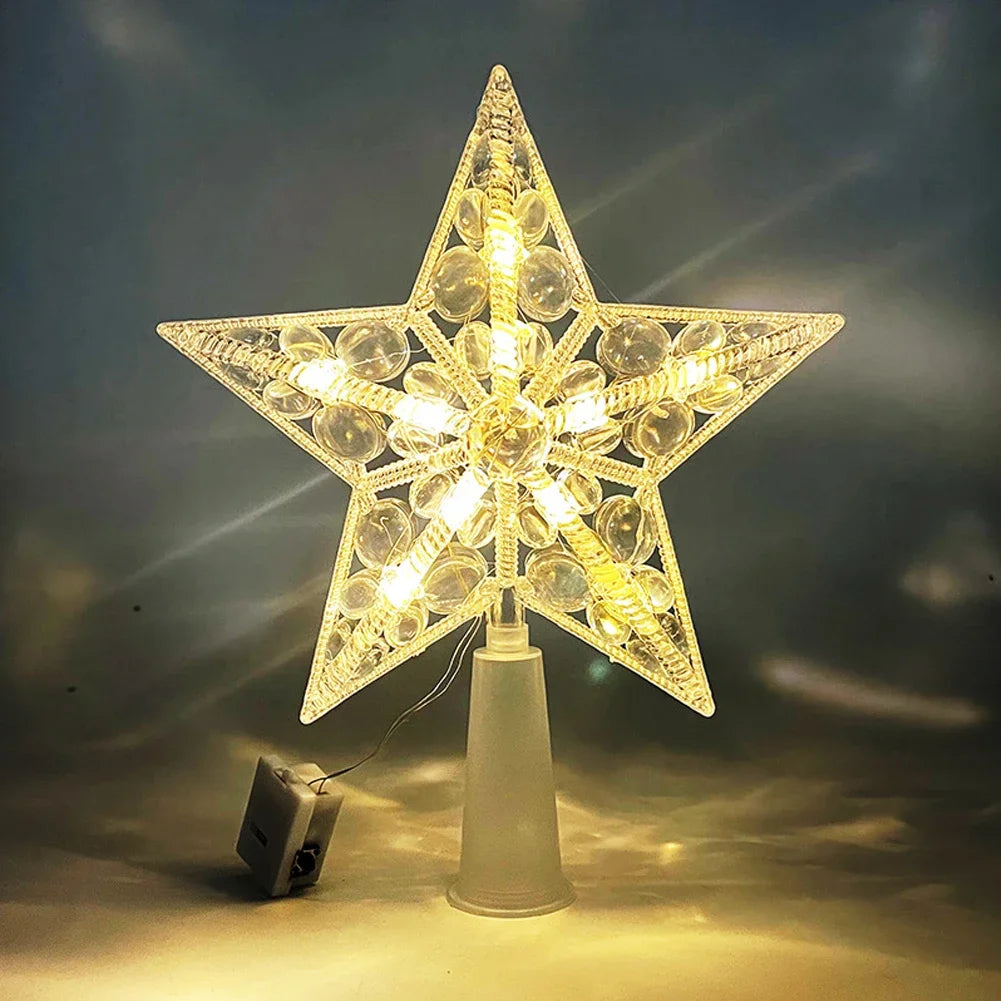 15CM LED Transparent Five-pointed Star Merry Christmas Tree Toppers Cristmas Decorations for Home Xmas Ornaments Navidad