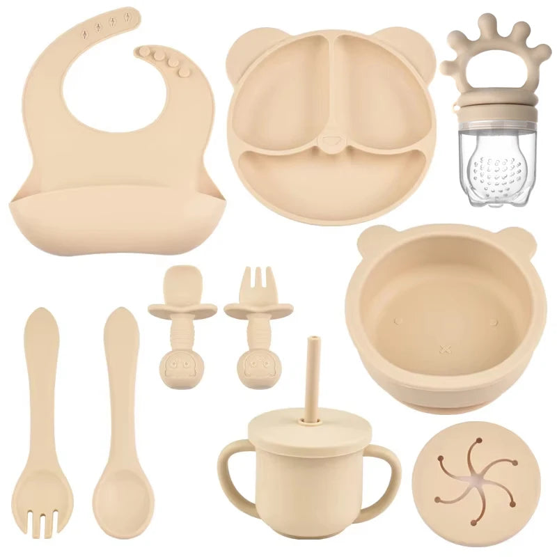 9PCS/Set BPA-Free Silicone Baby Feeding Set: Suction Bowl, Divided Dining Plate, Straw Cup, Spoon, Fork, and Adjustable Bib, Children's Dishware
