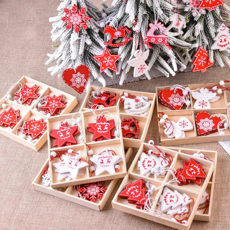 12Pcs/lot Merry Christmas Tree Decoration Wooden Hanging Pendant elk bells snowflake Xmas Ornaments New Year Home Decor Gifts