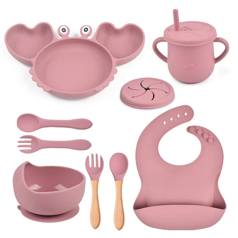 9Pcs Baby Silicone Non-Slip Suction Bowl Plate Spoon Waterproof Bib Cup Set, Baby Crab Dishes, Food Feeding Bowl for Kids, BPA Free