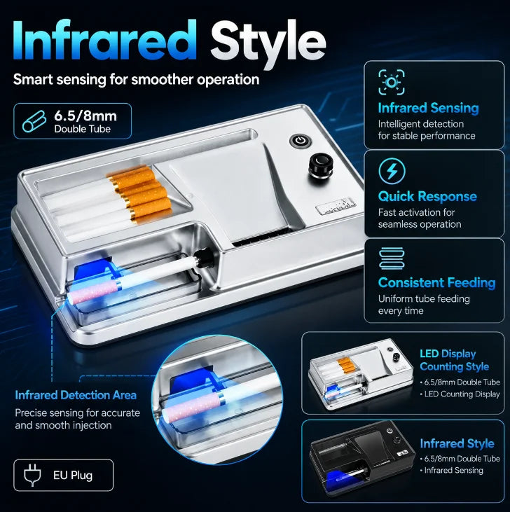 6.5/8mm Tube Electric Cigarette Rolling Machine Infrared Sensing Injector Tobacco Filling Auto Cigarette Maker Smoking Accessory