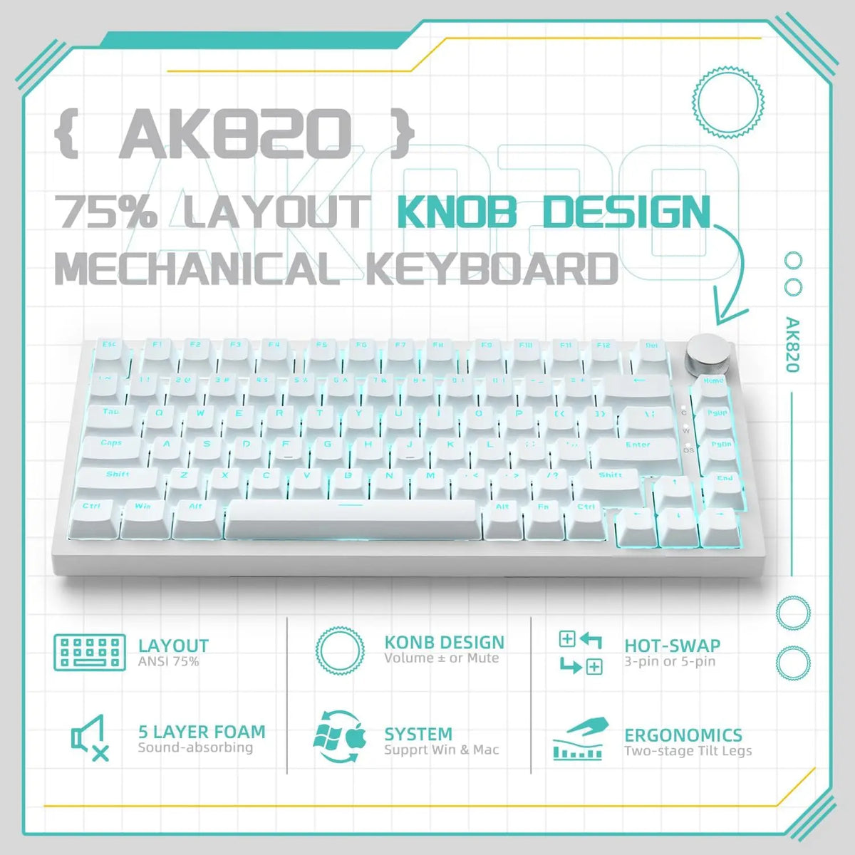 AJAZZ AK820 75% Wired Mechanical Keyboard: Hot-Swappable, RGB Backlit, Knob Control | For Office & Gaming