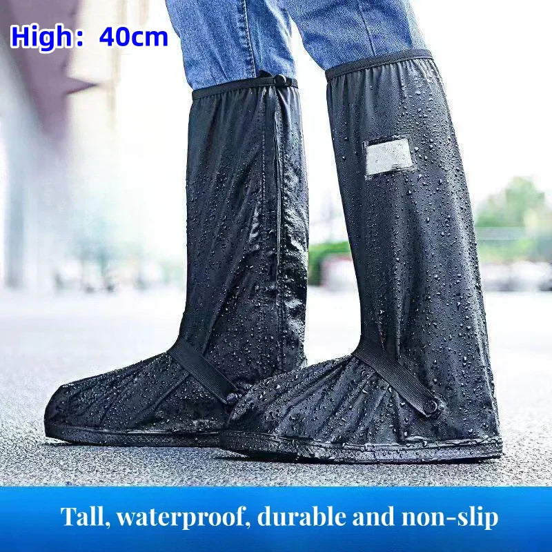 Unisex Reusable Anti-Slip Waterproof High-Tube Rain Boot Covers, Black Dust-Proof Shoe Protectors for Motorcycle and Cycling