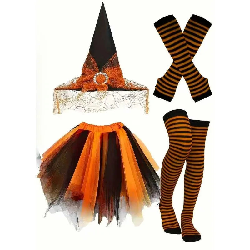 Halloween Witch Costume Set Witch Hat Striped Tights Tutu Skirt Party Fancy Dress Outfit for Holiday Cosplay Dress Up