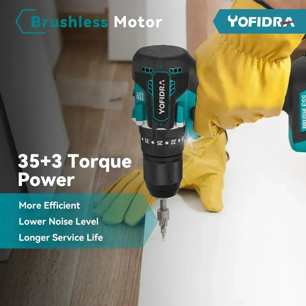 YOFIDRA 13MM 35+3 Torque Brushless Electric Impact Drill Cordless Electric Screwdriver Power Tool For Makita 18V Battery Pin