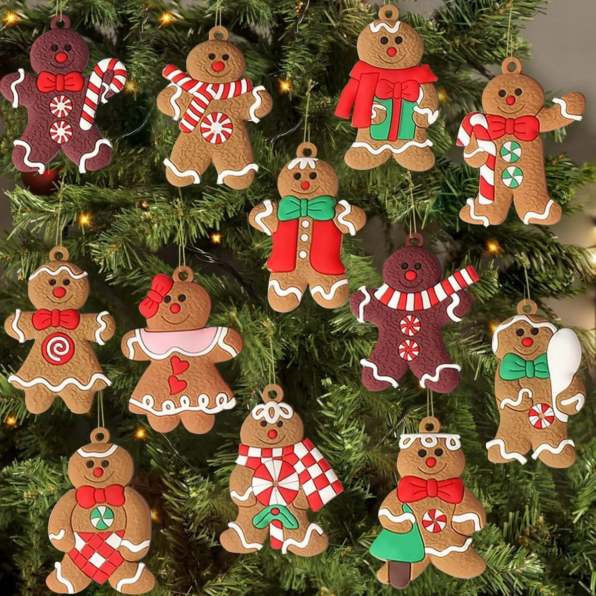 12 Pcs Gingerbread Man Ornaments for Christmas Tree,Assorted Gingerbread Figurines Ornaments, Christmas Tree Hanging Decorations
