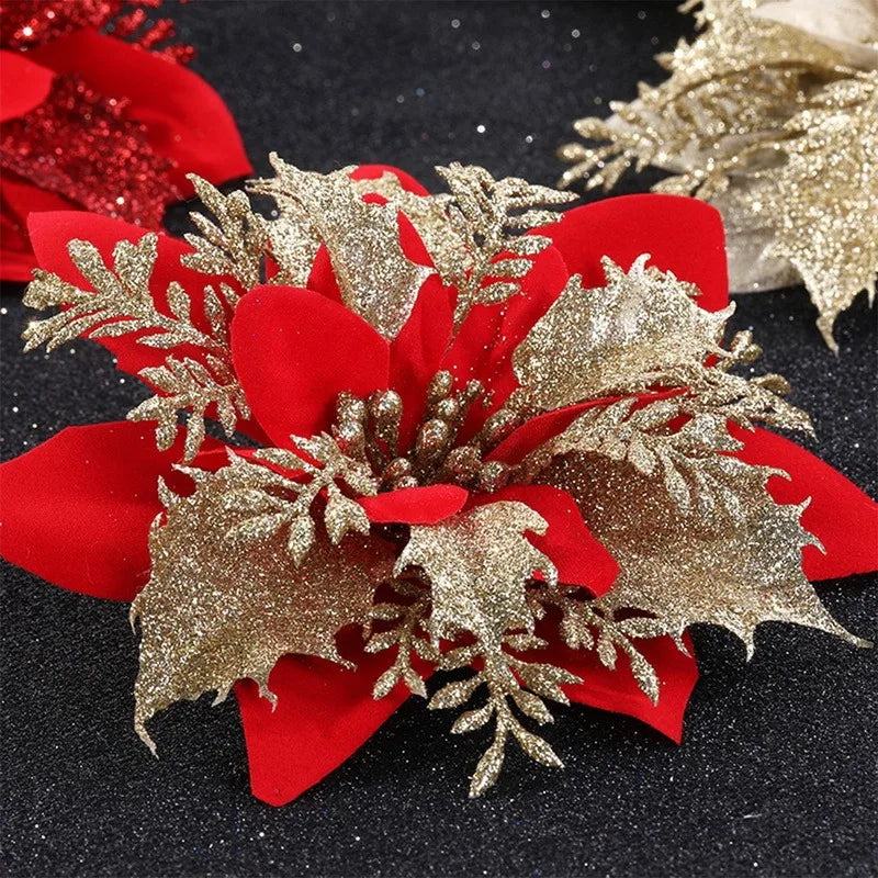 Glitter Pink Christmas Flowers Xmas Tree 14cm Artifical Flower Ornaments  Merry Christmas Decoration For Home New Year
