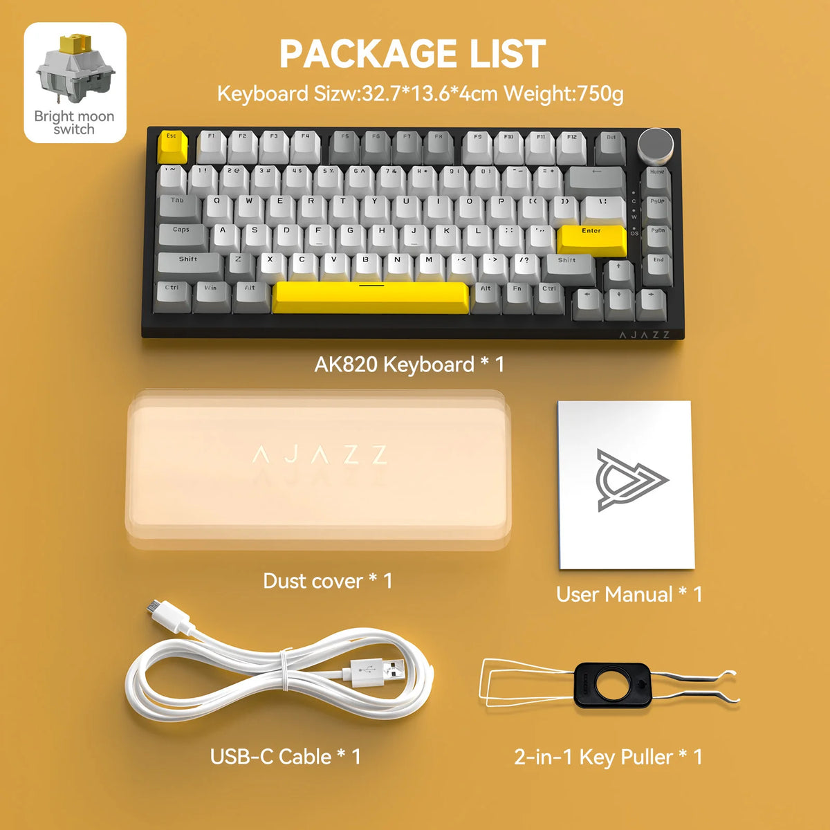 AJAZZ AK820 75% Wired Mechanical Keyboard: Hot-Swappable, RGB Backlit, Knob Control | For Office & Gaming