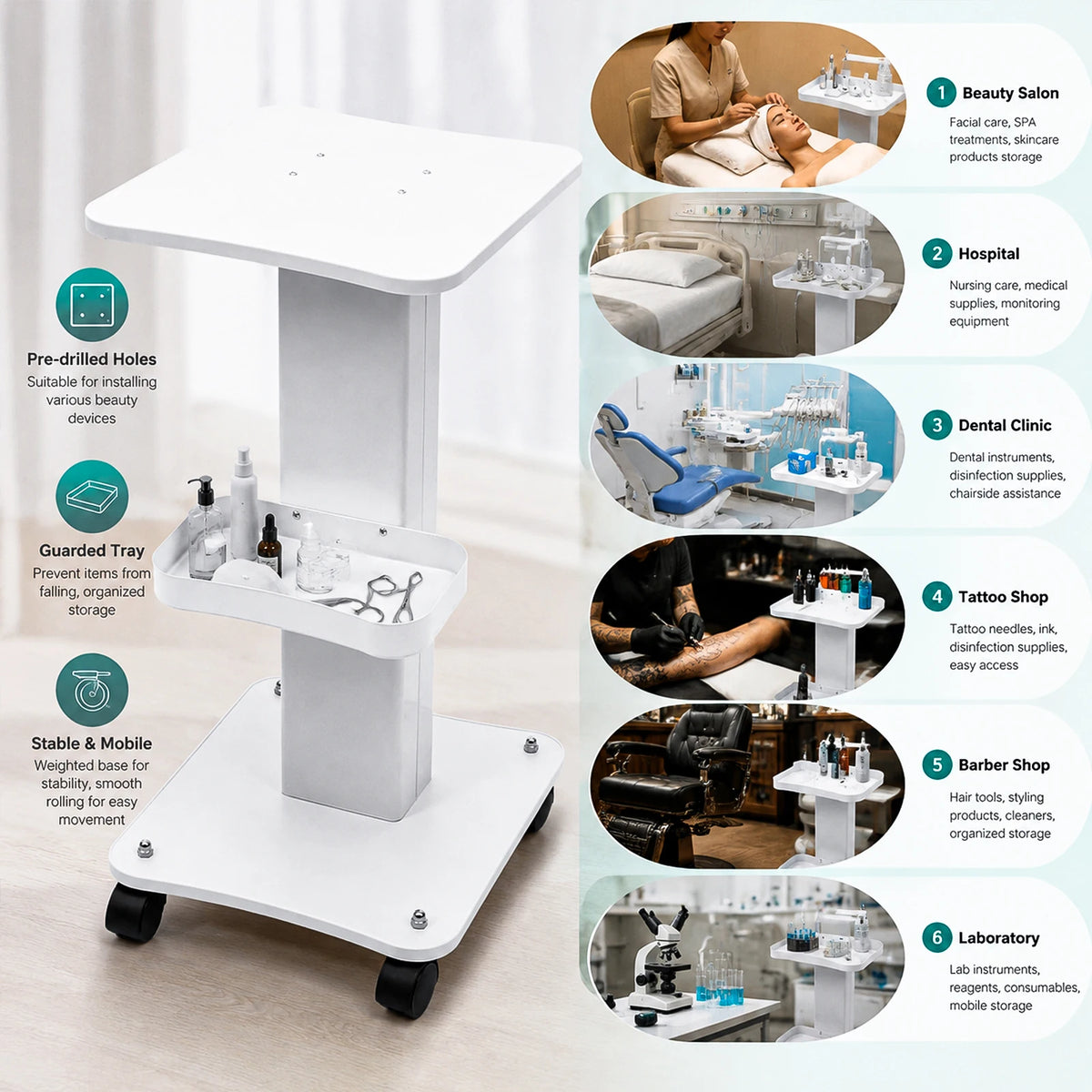 Beauty Salon Trolley Stand 3 Tier Salon Trolley White Beauty Machine Stand 360° Silent Wheels Easy Moving For Facial Beauty Clinic Esthetician Working Cart