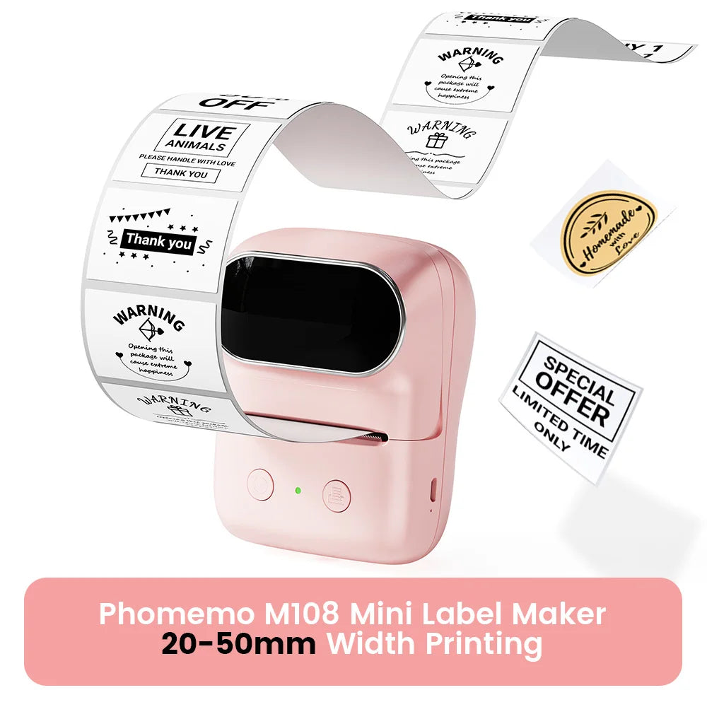 Phomemo 203dpi M110 M220 M108 Label Maker Tag Price Portable Thermal Label Printer with White Photo Labels for Bakery/Business