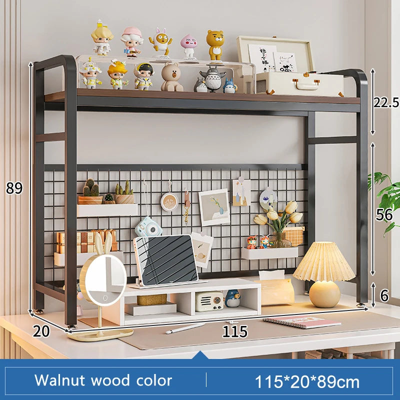 Bookcase With Grid Bookshelf Desktop Multi-layer Wrought Iron Shelf Student Computer Desk Table Hole Board Table Wooden Shelves