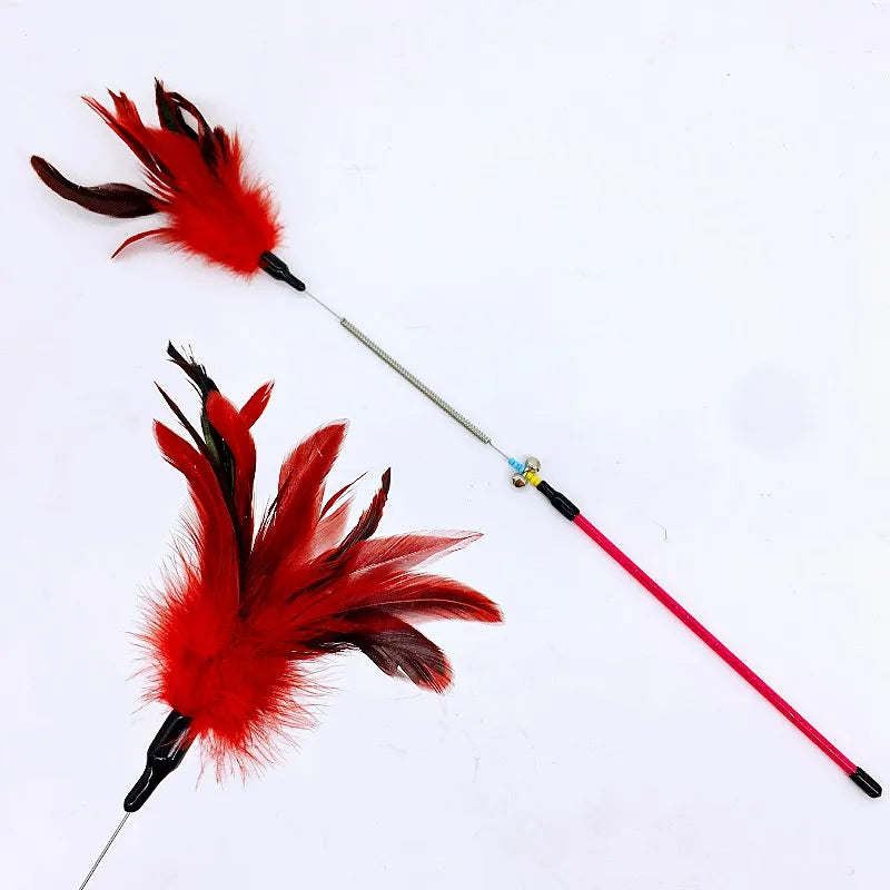 Cat Toy Feather Wand Teaser Interactive Spring Handle Kitten Toy with Bell Training Stick Pet Supplies