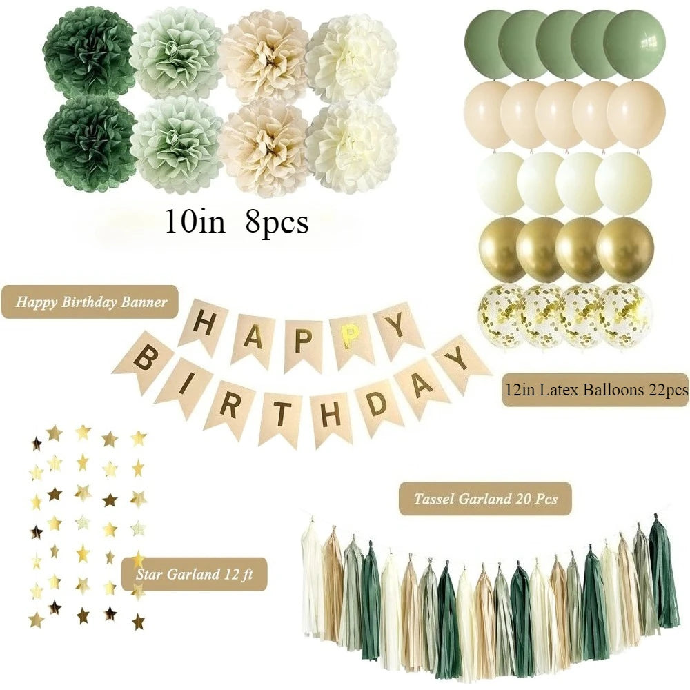 Green Birthday Party Decorations Paper Banner Circle Garland Hanging Swirl Paper Fans Lanterns Gold Balloons for Party Decor
