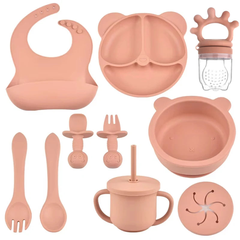 9PCS/Set BPA-Free Silicone Baby Feeding Set: Suction Bowl, Divided Dining Plate, Straw Cup, Spoon, Fork, and Adjustable Bib, Children's Dishware