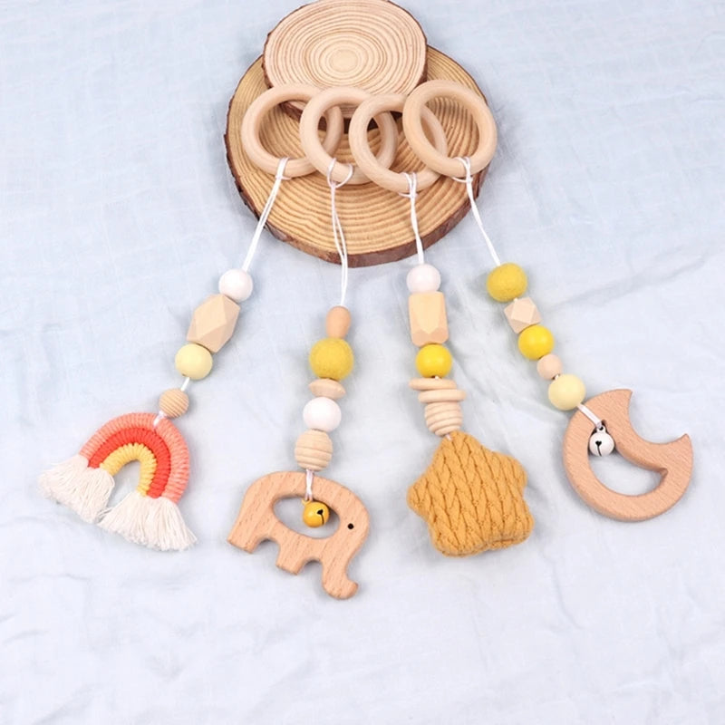 4 Pcs Beech Wood Baby Play Gym Frame Newborn Activity Fitness Rack Hanging Pendants Toys Crochet Rattle Teether Kids Room Decor
