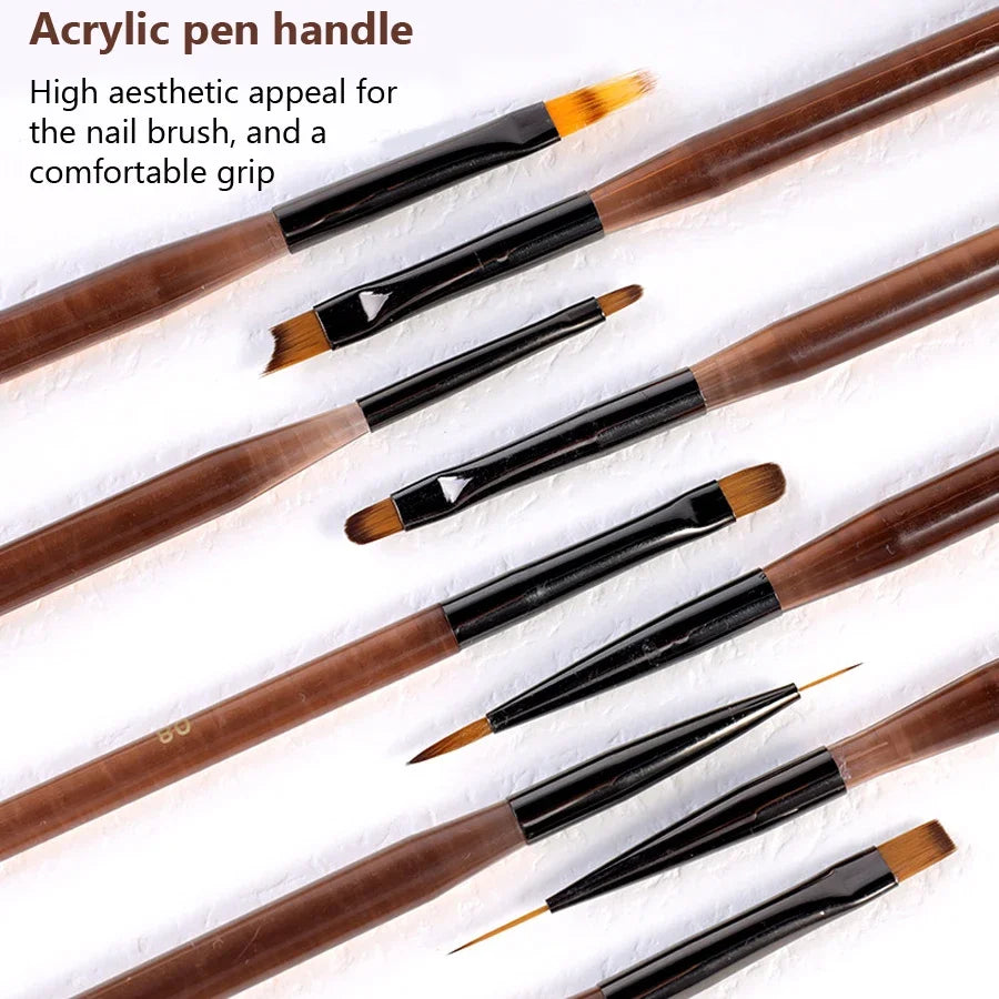 9Pcs Nail Brush Set Detail Work Pens Stylish Brown Handles Gel Nail Art Fine Line Painting Professional Home Use Tool Kit