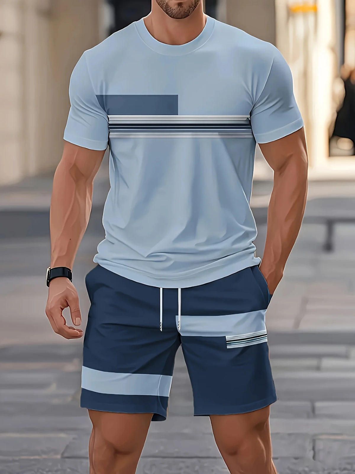 Summer New Arrival Men's Casual Two-Piece Set Striped Print Short-Sleeve Shirt and Athletic Shorts Set Men's Fitness Set