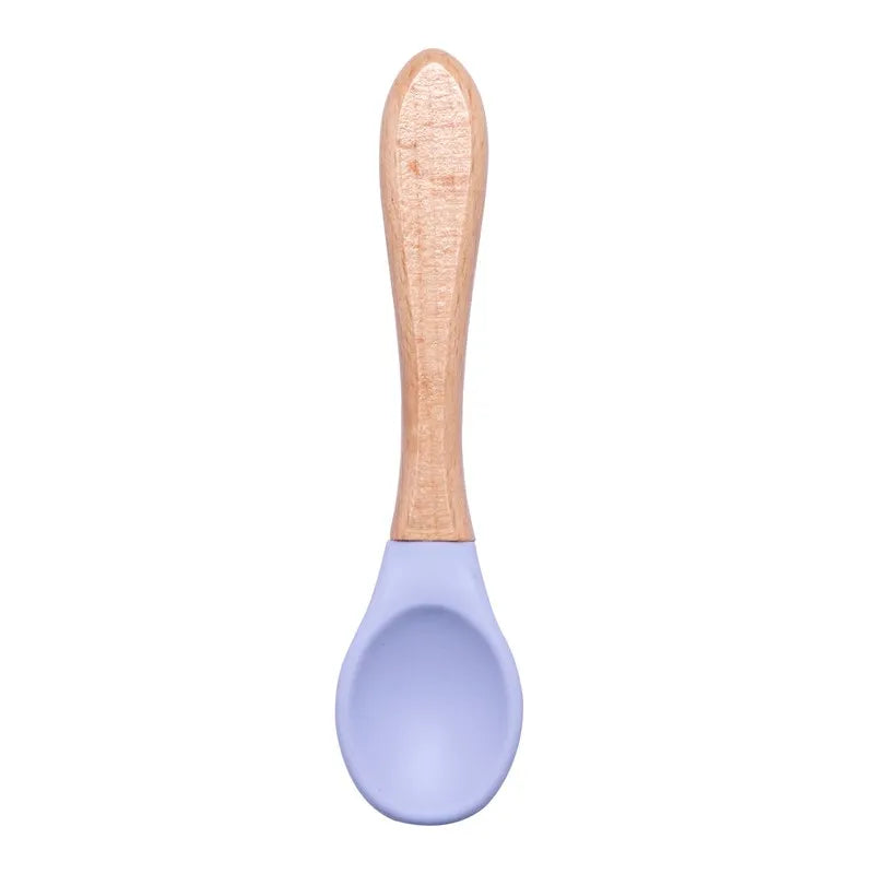 Baby Wooden Spoon Silicone Wooden Baby Feeding Spoon Organic Soft Tip Spoon BPA Free Food Grade Material Handle Toddlers Gifts