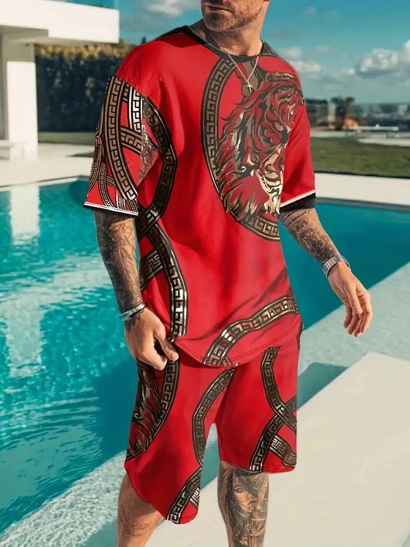 New Men's Two-Piece Plaid Print Fashion Men's Suit Summer O-Collar Short-Sleeved Polo Shirt + Shorts Two-Piece Men's Suit