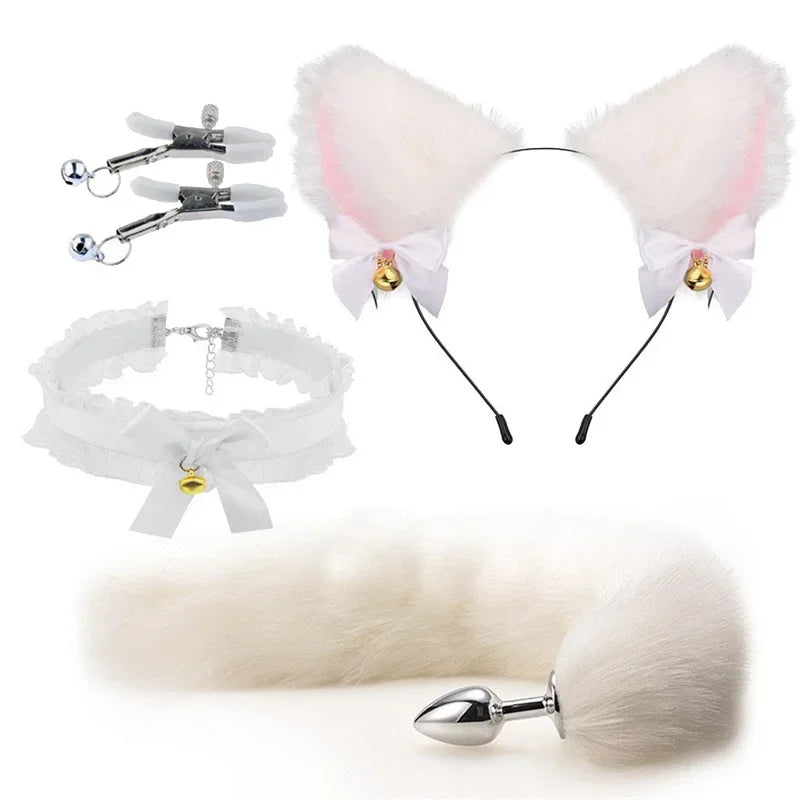 NEW 3pcs Halloween Party Cos Plush Animal Ear Animal Tail Suit Fox Ear Wolf Ear Headband Tail Accessories Cat Head Bell Collar