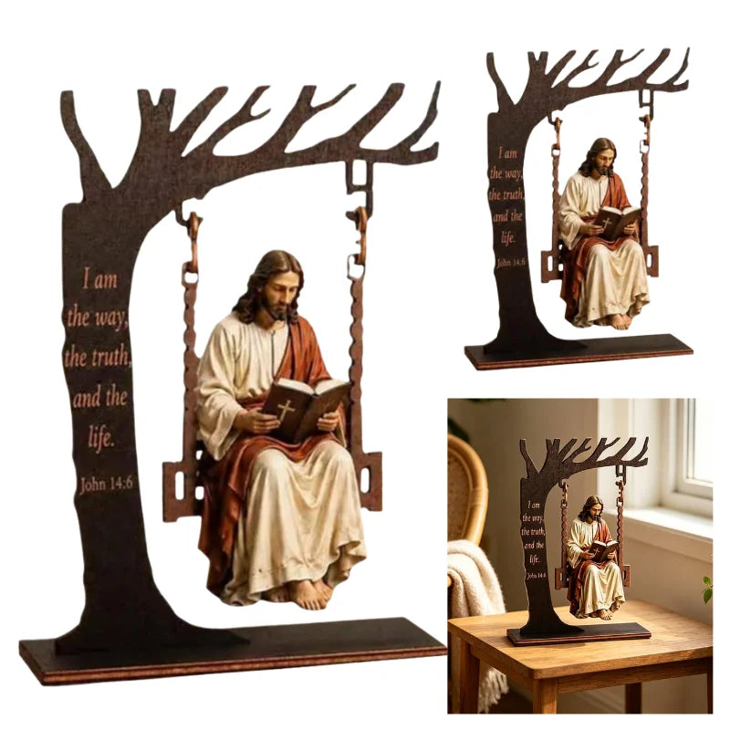 Christian Jesus Swing Tabletop Decoration Wooden Tree Frame With Bible Verse Religious Figurine Faith Home Desktop Ornament