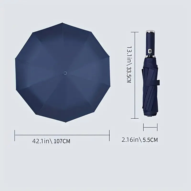 10-rib fully automatic three-fold umbrella, rotatable LED flashlight, wind-resistant business folding umbrella, sun umbrella
