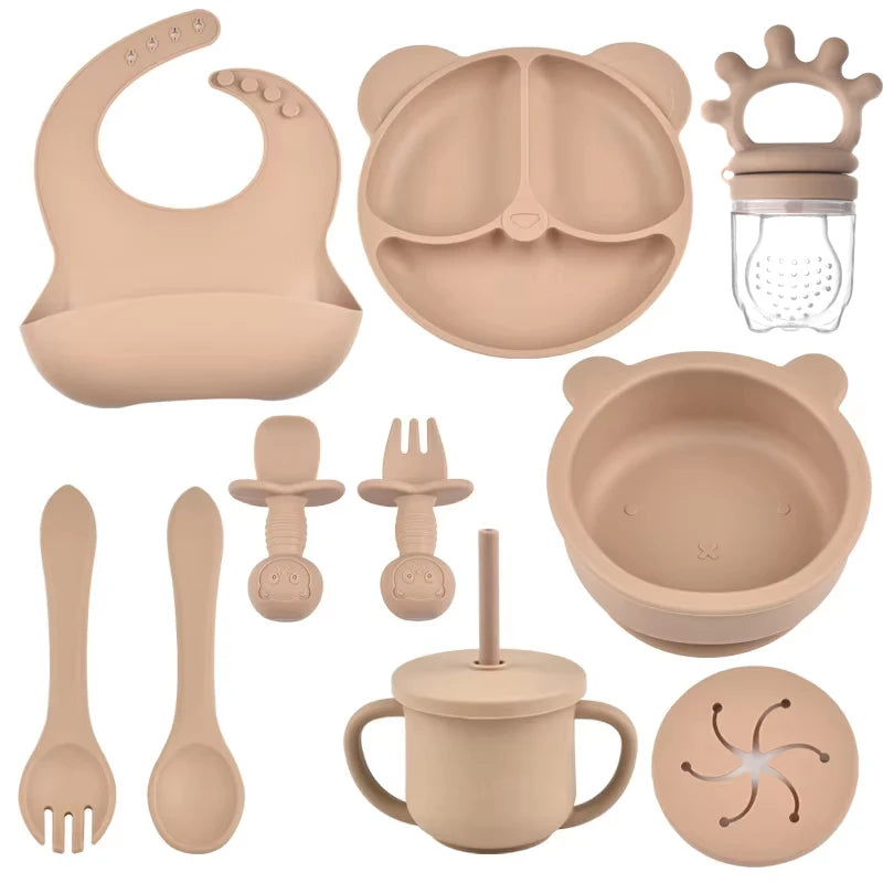 9PCS/Set BPA-Free Silicone Baby Feeding Set: Suction Bowl, Divided Dining Plate, Straw Cup, Spoon, Fork, and Adjustable Bib, Children's Dishware