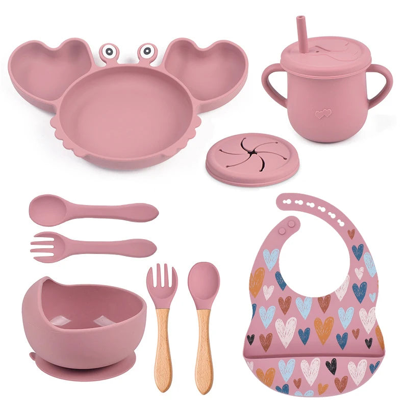 9Pcs Baby Silicone Non-Slip Suction Bowl Plate Spoon Waterproof Bib Cup Set, Baby Crab Dishes, Food Feeding Bowl for Kids, BPA Free