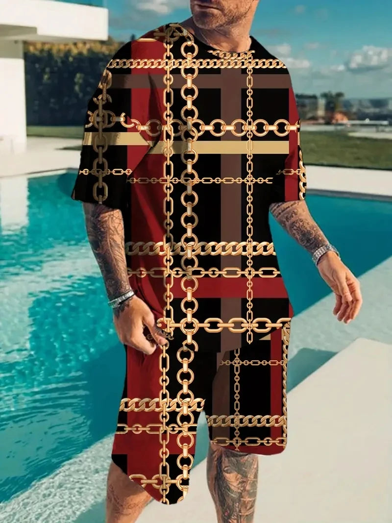 New Men's Two-Piece Plaid Print Fashion Men's Suit Summer O-Collar Short-Sleeved Polo Shirt + Shorts Two-Piece Men's Suit