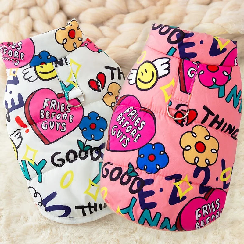 Luxury Pet Dog Vest Coat Lovely Cartoon Print Jacket French Bulldog Chihuahua Warm Vest Puppy Outfit Coat Winter Pet Costume