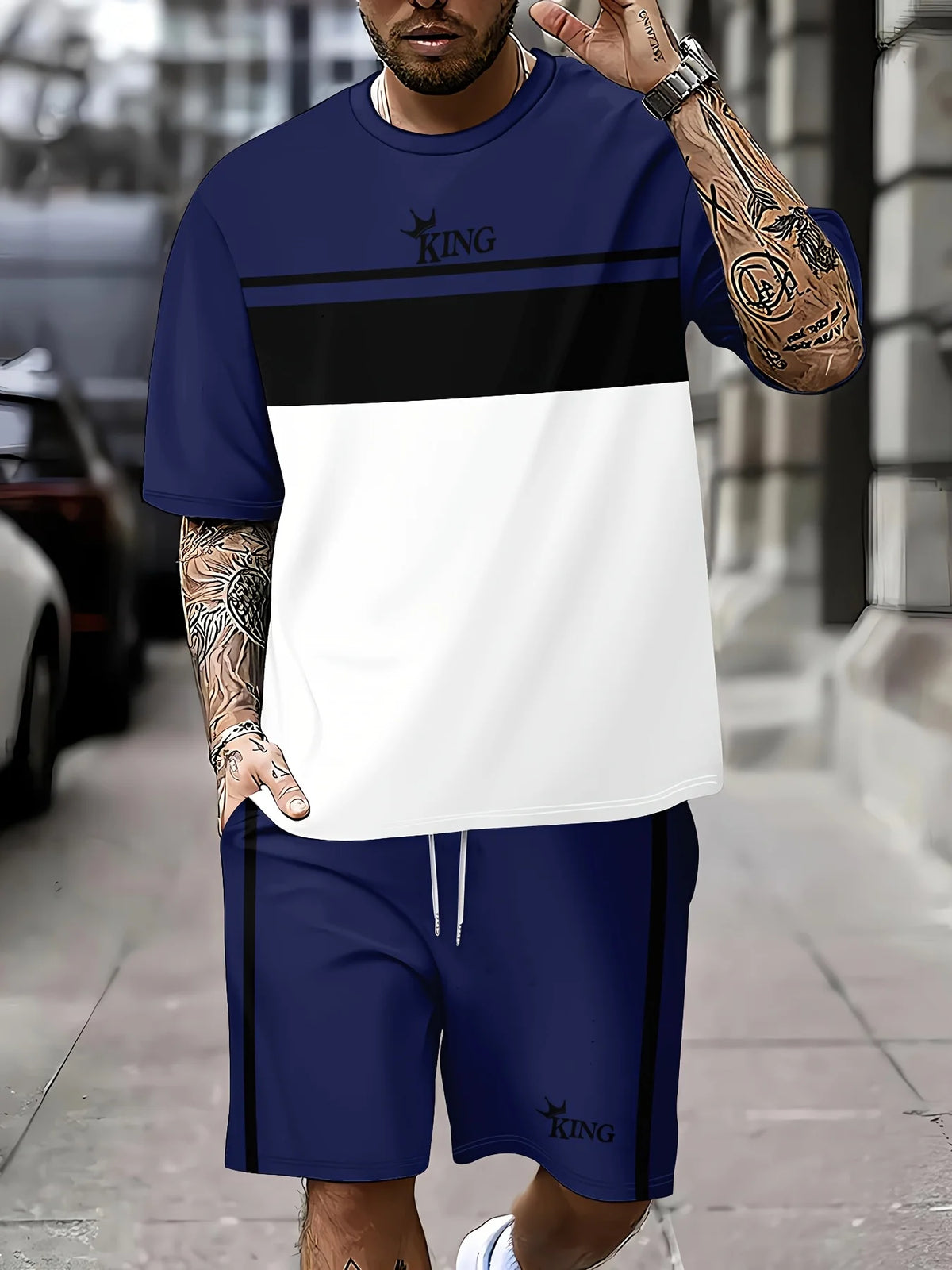 Summer New Arrival Men's Casual Two-Piece Set Striped Print Short-Sleeve Shirt and Athletic Shorts Set Men's Fitness Set