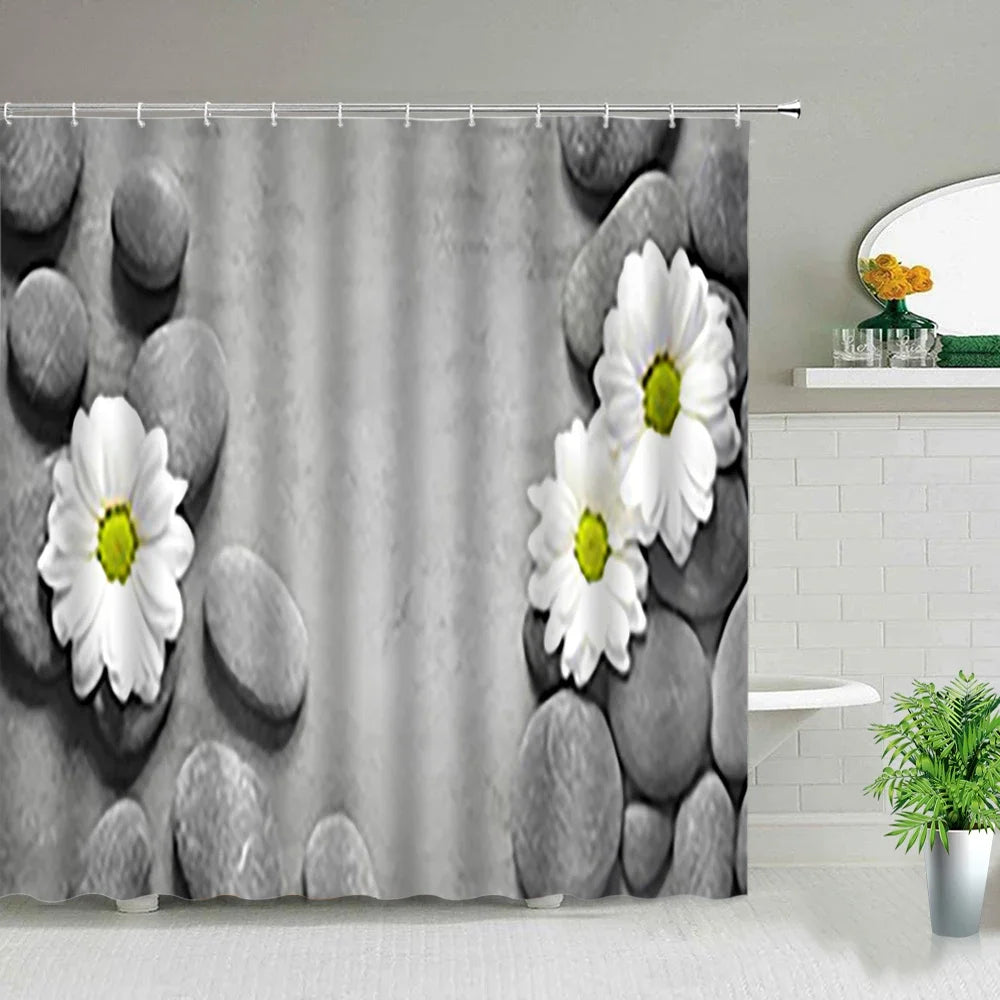 Rose Butterfly White Flower Shower Curtain Floral Print Waterproof Polyester Bathroom Curtain Fabric For Bathtub Decoration
