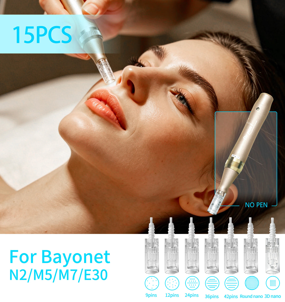15Pcs Dr Pen Microneedle Cartridge Use for N2/M5/M7/E30, 9/12/24/36/42Pin&Round/Square Nano Use for Facial Needle Length 0.25mm