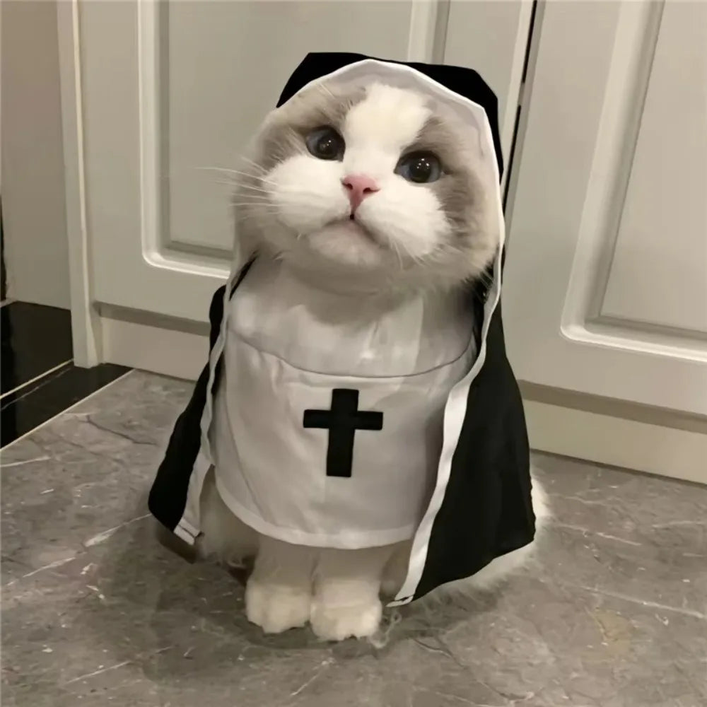 Halloween Cats Nun Costume Cross Print Kitty Clothes for Small Dogs Funny Cute Dress Up Party Pet Overalls Cat Accessories