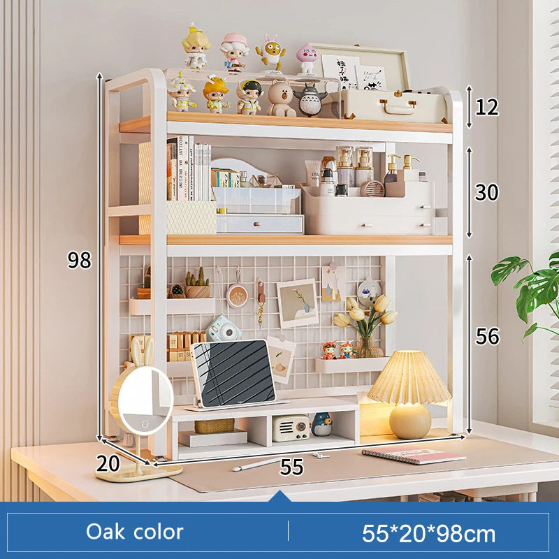 Bookcase With Grid Bookshelf Desktop Multi-layer Wrought Iron Shelf Student Computer Desk Table Hole Board Table Wooden Shelves