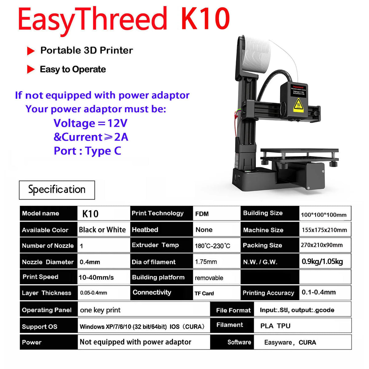 Il livello di ingresso della stampante 3D EasyThreed compatibile con il filamento PLA TPU da 1,75 mm include l'adattatore di alimentazione.